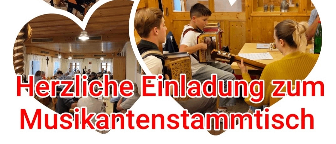 Ein Plakat für ein Musiktreffen zeigt mehrere herzförmige Bilder von Musikern, die Instrumente spielen. Der zentrale Text lädt zu einem Stammtisch am 25. Februar ein.