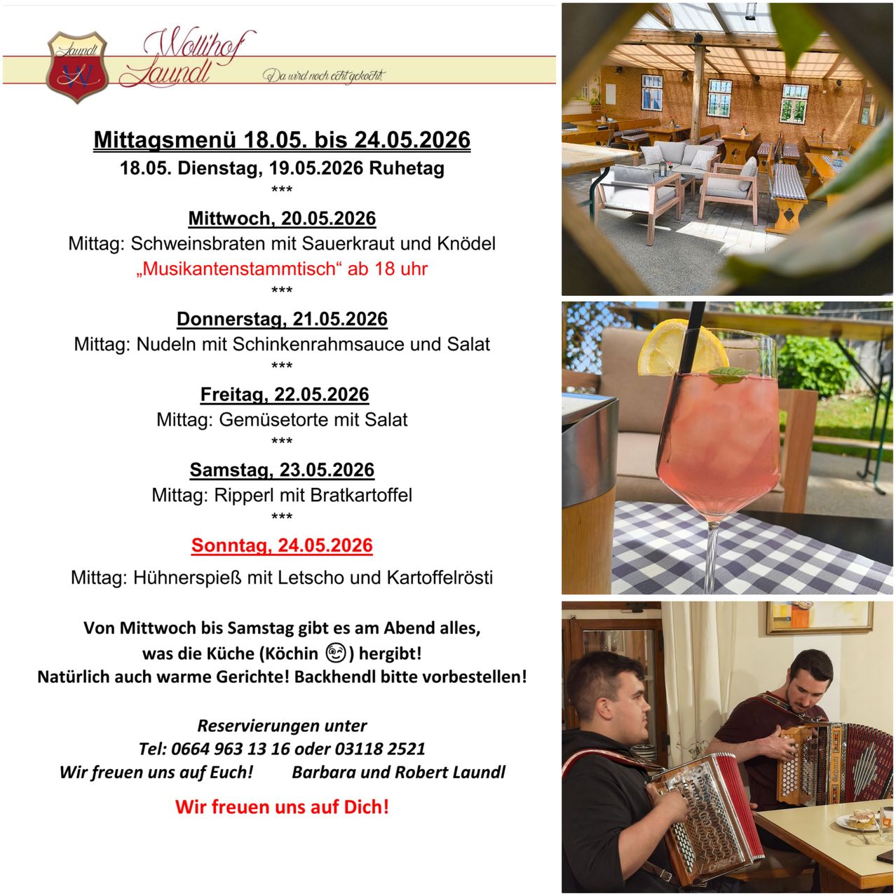 Menu from May 18 to 24, 2026. Weekly menu for a restaurant with music on Tuesday. Warm dishes and drinks. Contact for reservations.