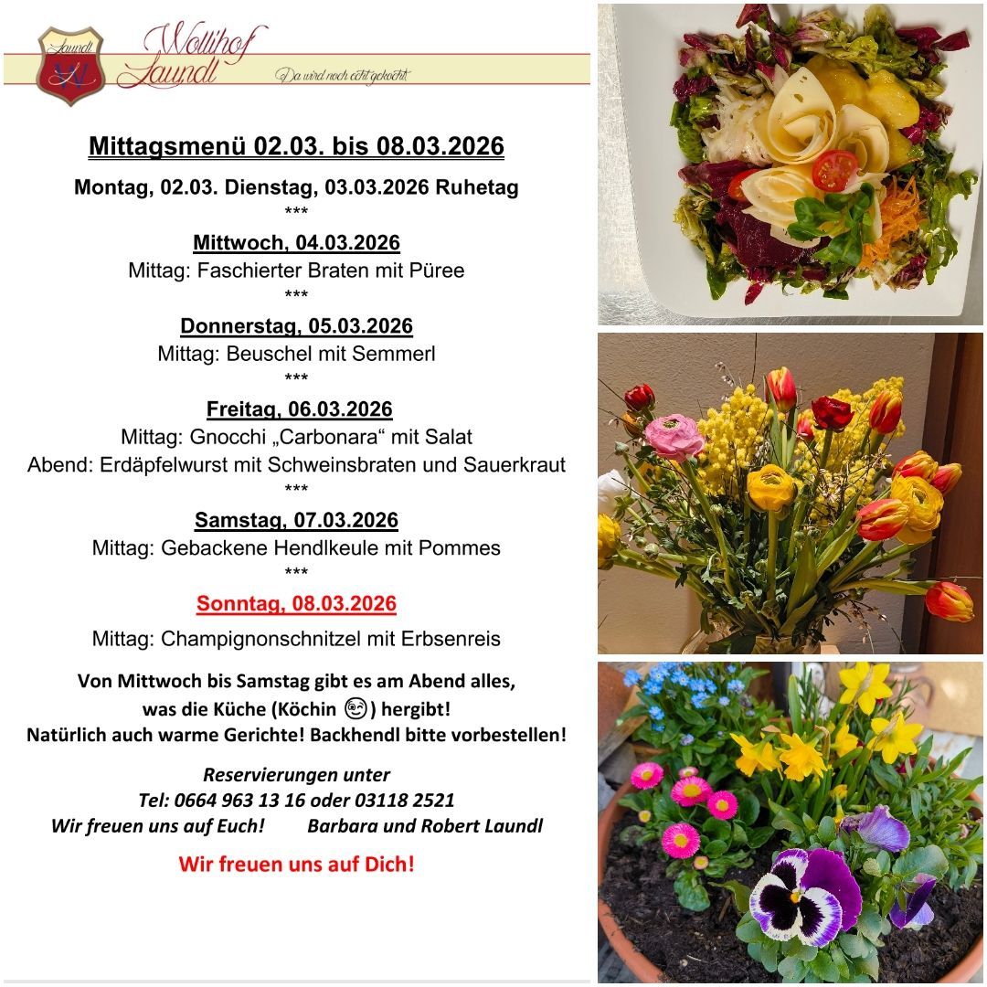 Das Bild zeigt ein Menü für ein Restaurant vom 02.03.2026 bis 08.03.2026. Es listet tägliche Mittagsmenüs, Kontaktdaten und eine Blumendekoration auf.