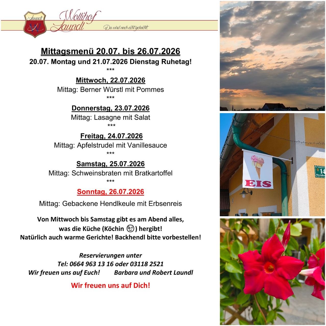 A flyer for a restaurant with a menu for the week of July 20-26, 2026, featuring various dishes and a sunset image.