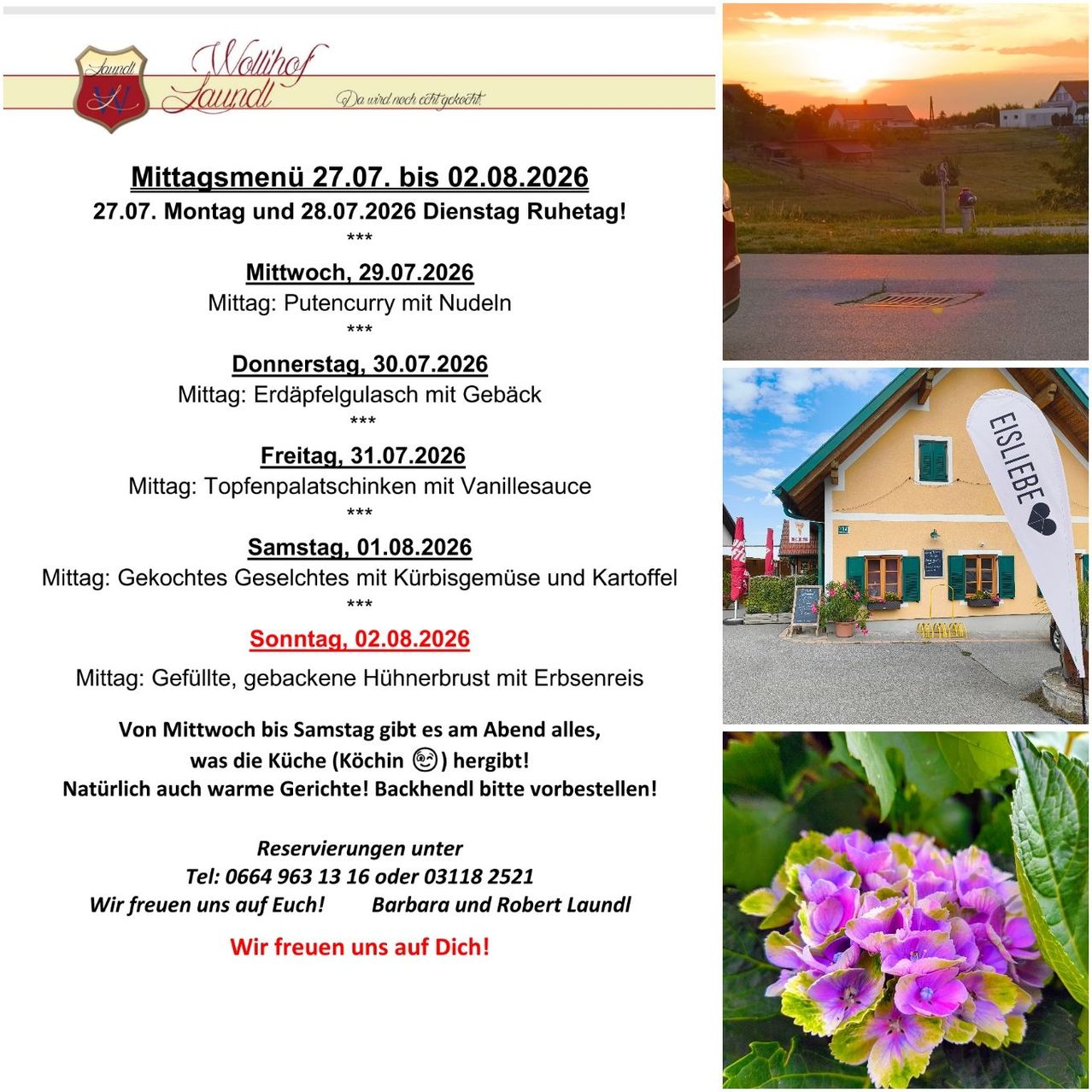 Ein Flyer für das Mittagsmenü eines Restaurants vom 27. Juli bis 2. August 2026 mit verschiedenen Gerichten und einem malerischen Bild eines Hauses.