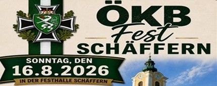 Plakat für das OKB Fest Schaffern am 16. August 2026 mit einem Kirchturm und einem Logo mit Kreuz und Vogel.