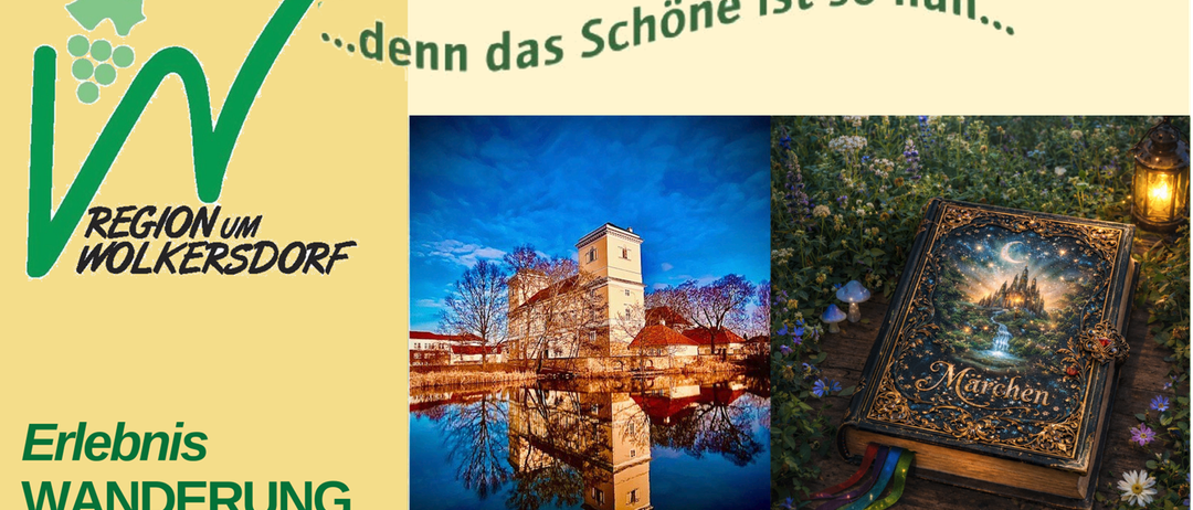 Eine malerische Dorfszene mit einem Gebäude, das sich im ruhigen Wasser spiegelt, einem grünen Haken und einem Zitat darüber.