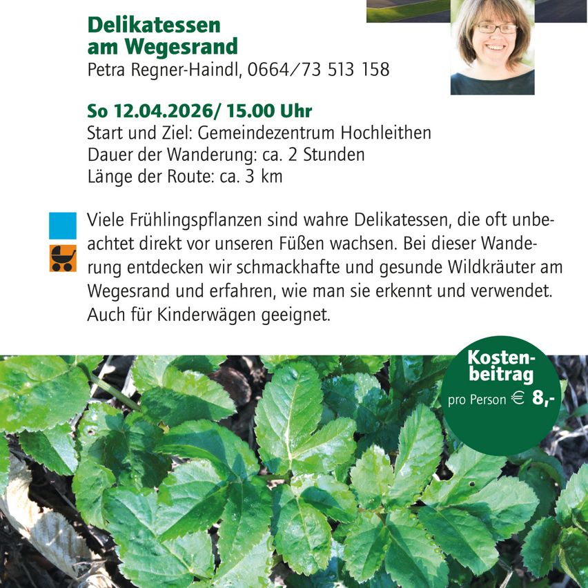 Poster for a guided walk on April 12, 2026, led by Petra Regner-Haindl. The walk starts at 3 PM, lasts about 2 hours, and covers about 3 km. It's suitable for prams.