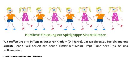 Ein Flyer für eine Spielgruppe in Sinabelkirchen. Sie trifft sich jeden Montag für 14 Tage in der Herbst/Wintersaison. Bringen Sie Ihr Kind, Saft und warme Socken mit. Kontaktieren Sie Carina Burkert oder Karin Zengerer für weitere Informationen.