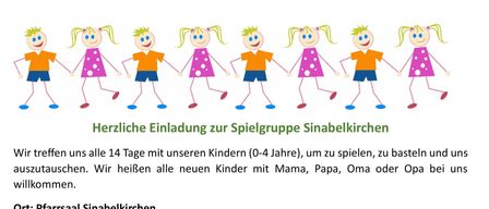 Wöchentliche Spielgruppe für Kinder im Alter von 0-4 Jahren in Pforzheim. Treffen jeden Montag von 9:00-10:30 Uhr. Bitte Snacks und Getränke für Ihre Kinder mitbringen. Kontakt: Carina Burkert: 0664/ 37 22 623.