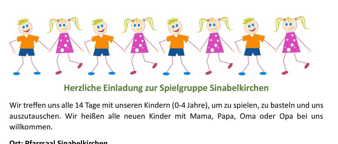 Wöchentliche Spielgruppe für Kinder im Alter von 0-4 Jahren in Pforzheim. Treffen jeden Montag von 9:00-10:30 Uhr. Bitte Snacks und Getränke für Ihre Kinder mitbringen. Kontakt: Carina Burkert: 0664/ 37 22 623.