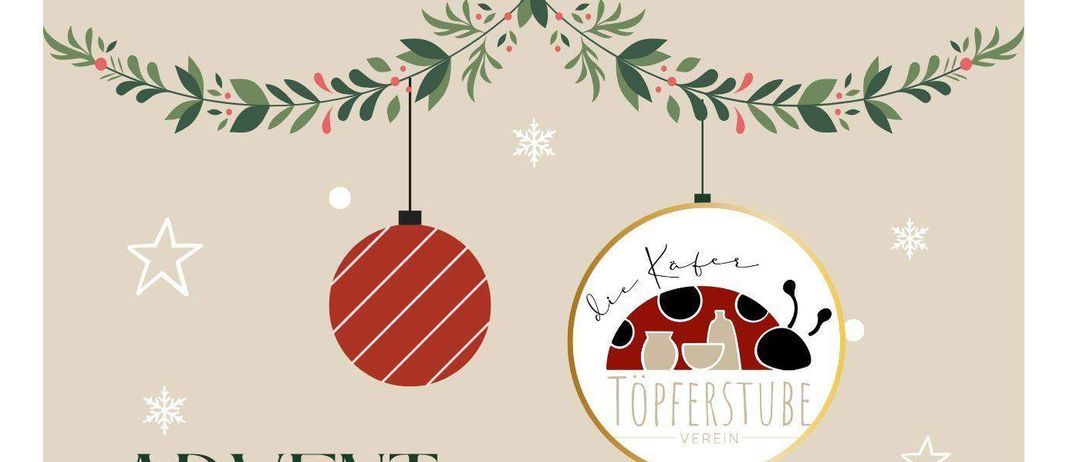 Eine Anzeige für eine Adventausstellung in einer Töpferwerkstatt. Termine sind am 28. November von 15 bis 19 Uhr und am 29. November von 14 bis 20 Uhr. Ort: Obergrossau 71, 8200 Gleisdorf. Angebote umfassen handgefertigte Keramikkunst, Weihnachtsgeschenke, Honig, Waffeln, Punsch, Kuchen und weitere Leckereien.