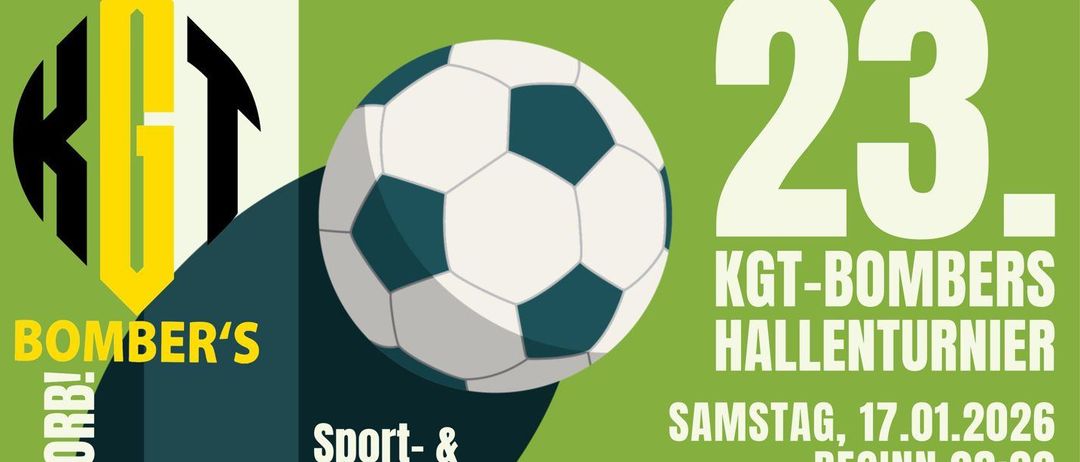 Plakat für das Sport- und Kulturevent der Bomber, mit einem Fußball, Details zum Hallenturnier, Datum, Uhrzeit, Ort, Ticketpreis und Anmeldeschluss.