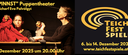 Eine Werbung für eine Puppentheateraufführung von Palvolgyi mit zwei Frauen und einer Puppe. Die Veranstaltung ist vom 6. bis 14. Dezember 2025 um 20:00 Uhr geplant.
