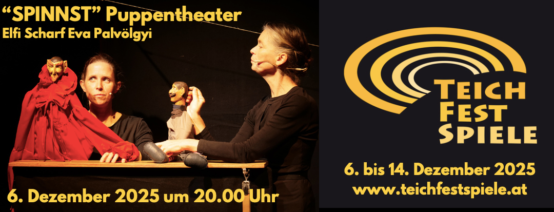Eine Werbung für eine Puppentheateraufführung von Palvolgyi mit zwei Frauen und einer Puppe. Die Veranstaltung ist vom 6. bis 14. Dezember 2025 um 20:00 Uhr geplant.