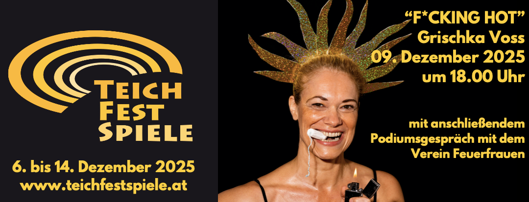 Ein Plakat für Teich Fest Spiele mit einer Frau, die eine glitzernde, spitze Kopfbedeckung trägt und lächelt, eine brennende Zigarette in der Hand. Das Plakat hat einen schwarzen Hintergrund mit gelbem und weißem Text.