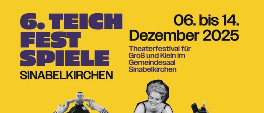 Ein gelbes Poster zeigt eine Collage von Menschen, die verschiedene Musikinstrumente spielen und Gegenstände halten. Es hat den Titel 'SPIELE' in fetten Buchstaben. Das Poster enthält den Satz 'Groß und Klein im Gemeindesaal Sinabelkirchen'.