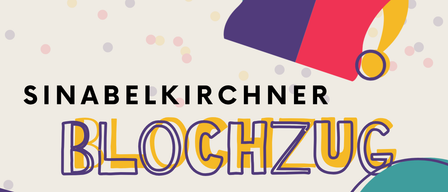 Poster for Sinabelkirchen's Blockzug event. Date: February 15, Start time: 2:00 PM. Features include a parade, food trucks, and local music. Expect lots of fun, music, drinks, and treats!