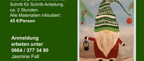 Ein Plakat für eine Malparty mit roten und grünen Farben. Datum: 7. Dezember 2025, 17 Uhr. Ort: Öffentliche Bücherei, Sinabelkirchen. Kosten: 45 Euro pro Person. Kontakt: 0664/3773490. Veranstalter: Öffentliche Bücherei. Zeigt einen Gnom, der eine Weihnachtsszene malt.