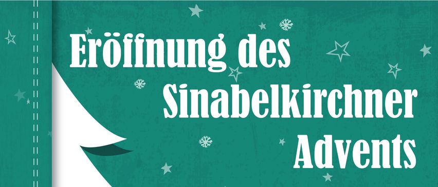 Ein festlicher grüner Plakat mit weißem Text und Schneeflocken zeigt 'Eröffnung des Sinabelki A'. Das Wort 'Eröffnung' ist in einer stilisierten Schrift geschrieben.