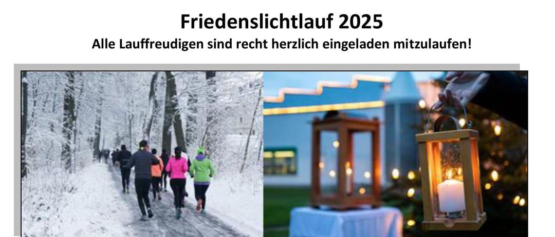 Ein Bild mit Text über das Friedenslichtlauf-Event 2025. Es zeigt fünf Feuerwehrhäuser in verschiedenen Dörfern, wobei Läufer das Friedenslicht zu jeder Station tragen. Die Veranstaltung ist für den 24. Dezember 2025 geplant.