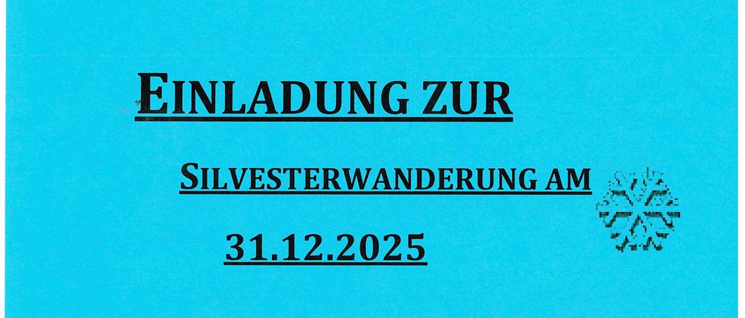 Der Wanderverein Sinabelkirchen lädt zur Silvesterwanderung am 31.12.2025 ein. Der blaue Hintergrund zeigt Schneeflocken und das Vereinslogo.