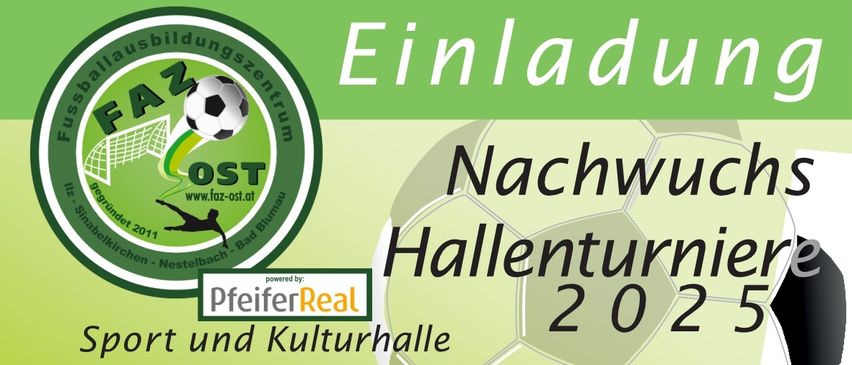 Plakat für das Nachwuchs Hallenturniere-Event in Sinabelkirchen, Österreich, geplant für Dezember 2025. Mit Fußballballgrafiken, Veranstaltungsdaten und Altersgruppenzeiten.