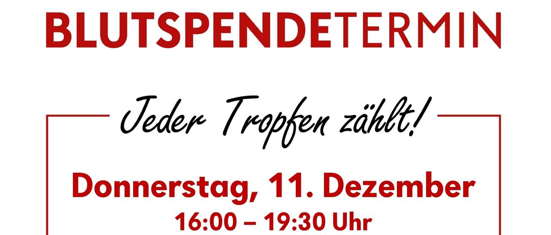 Eine Frau zeigt auf ihr T-Shirt, auf dem steht 'Jeder Tropfen zählt, spende Blut'. Unter ihr befindet sich ein Plakat mit rotem Rand, das Text in deutscher Sprache enthält. Es heißt 'Jeder Tropfen zählt!' und gibt Datum, Uhrzeit und Ort für eine Blutspende-Veranstaltung an. Ein QR-Code ist für weitere Informationen vorhanden.
