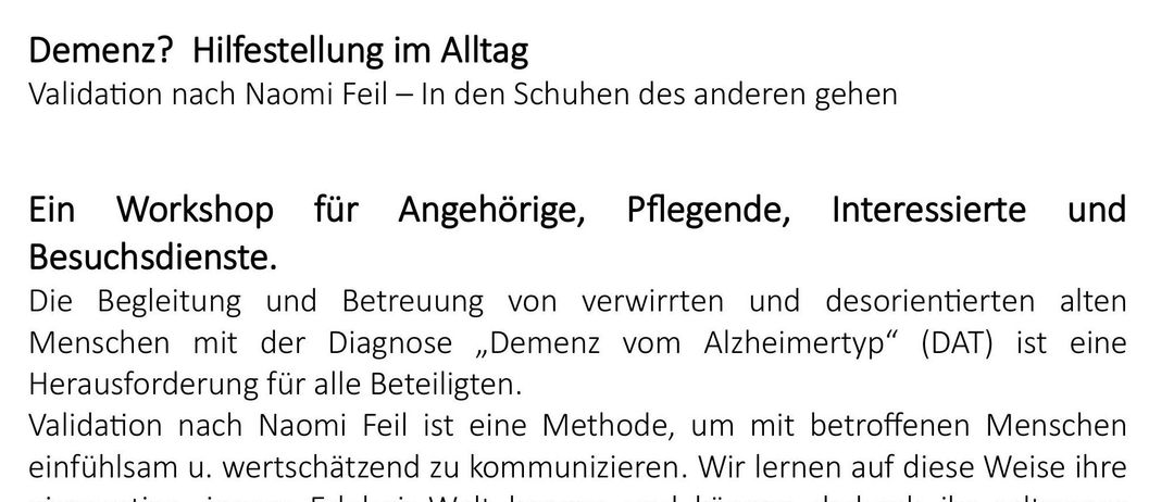 Ein Bild mit Informationen über einen Workshop von Roswitha M. Windisch-Schnatterer am 16. Januar 2026, der sich auf das Verständnis von Emotionen und Verhaltensweisen verwirrter älterer Menschen mithilfe der Validierungsmethode von Naomi Feil konzentriert.