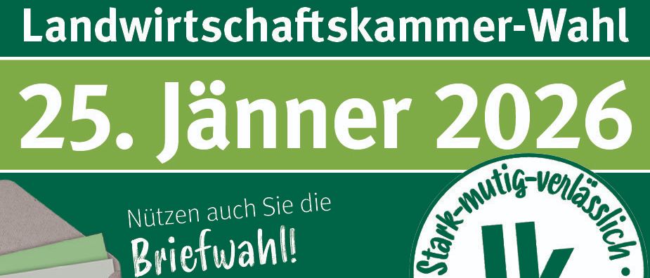 Ein Werbeplakat der Landwirtschaftskammer in Österreich, das die Briefwahl für den 5. Jänner 2025 bewirbt. Es enthält ein Umschlagsymbol und einen QR-Code.