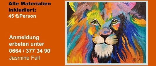 Plakat für eine Malparty am 13. März 2026 um 18 Uhr. Ort: Öffentliche Bücherei, Sinabelkirchen. Jeder Malbegeisterte ist willkommen. Schritt für Schritt Anleitung. Dauer: ca. 2 Stunden. Alle Materialien inklusive. Preis: 45€ pro Person. Kontakt: Jasmine Fall unter 0664/377 34 90. Veranstalter: Öffentliche Bücherei.