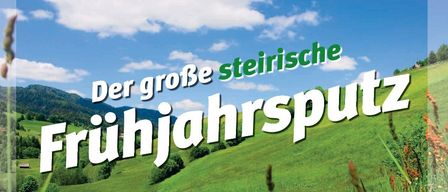 Plakat für die steirische Frühjahrsreinigung. Das Plakat zeigt eine grüne Wiese, Berge und einen klaren blauen Himmel. Es enthält einen Datumsbereich: 21. März bis 9. Mai 2026. Es gibt Logos für STOP Littering und das Steirische Umweltsiegel. QR-Codes befinden sich unten.