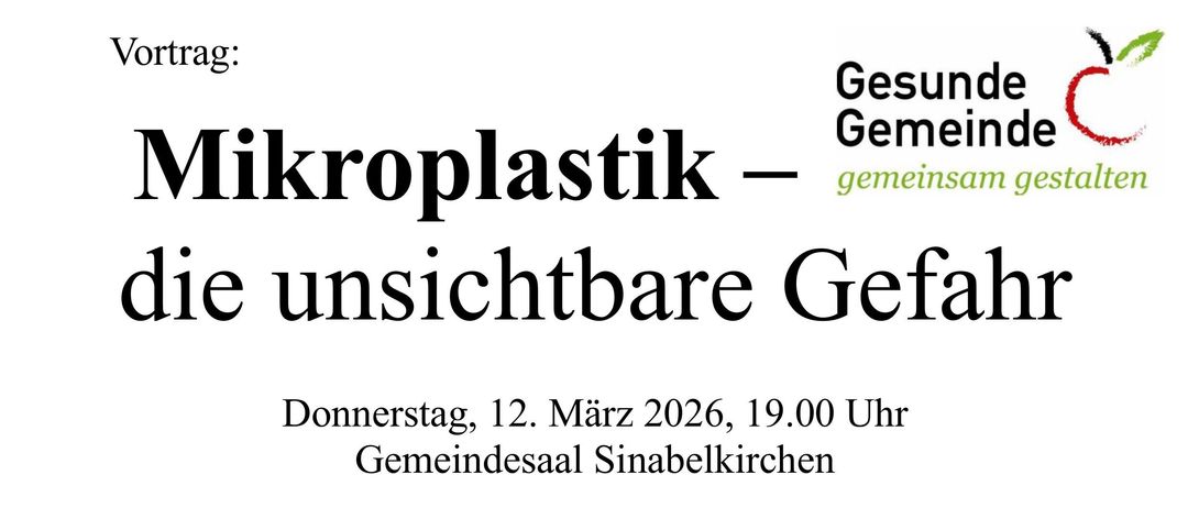 Ein Bild eines Fingerspitze mit Mikroplastik darauf. Der Text darüber erklärt, dass Mikroplastik unsichtbar und gefährlich ist, und lädt zu einem Vortrag von Dr. Eleonore Fröhlich ein. Datum und Uhrzeit sind angegeben.