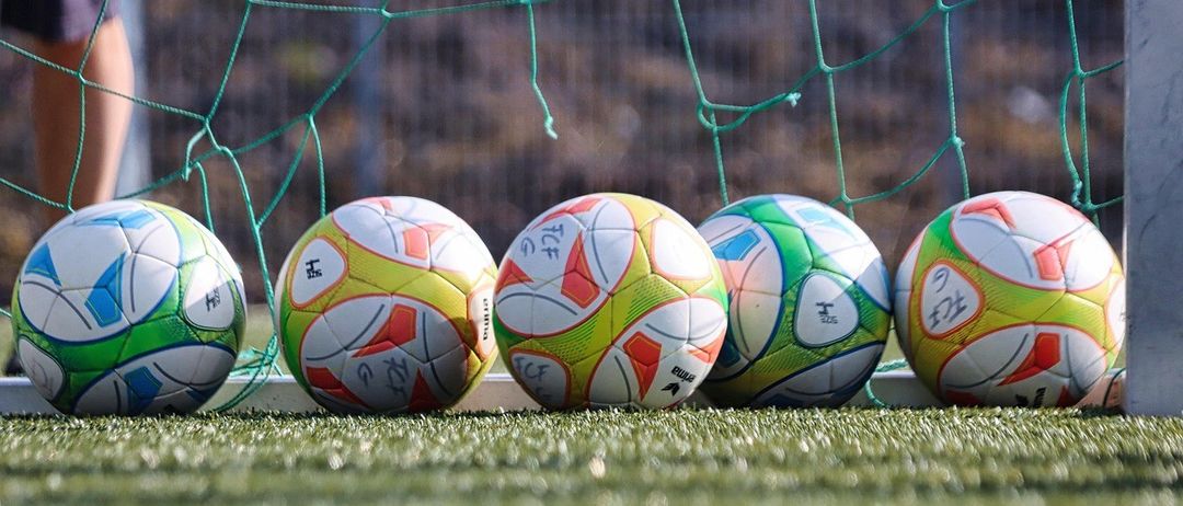 Fünf Fußballbälle sind vor einem grünen Netz aufgereiht, jeder mit einzigartigen Designs und Farben.