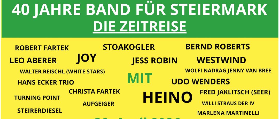 Poster for the event 'Die Zeitreise' featuring a list of musicians. The event will take place on April 30, 2026 at the Sinabelkirchen Cultural Hall.