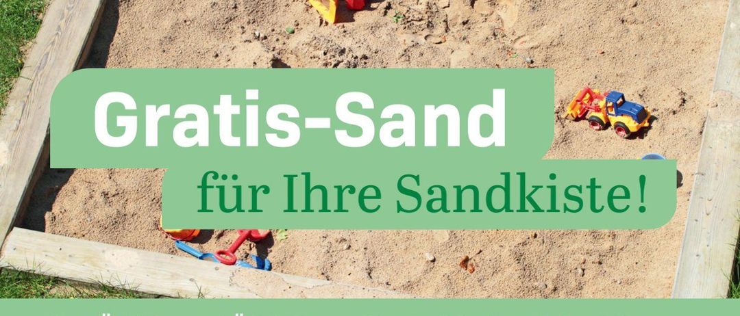 Poster with a sandbox image. Text reads 'Free Sand for your Sandbox!' Registration until April 21, 2026. Delivery on April 25, 2026 from 07:00 to 12:00. Request includes name, address, phone number, and number of children.