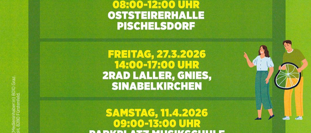 Plakat für Fahrrad-Check-Events. Termine und Orte für Samstag, 21. März, und andere Termine aufgeführt. Verschiedene Orte wie Markt Hartmannsdorf und 2Rad Laller, Gnies, Sinabelkirchen.