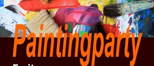 Poster for painting party on Friday, April 24, 2026, at 6 pm. Event at public library. Painting materials included. 45€ per person. Registration via 0664/3773490. Hosted by public library.