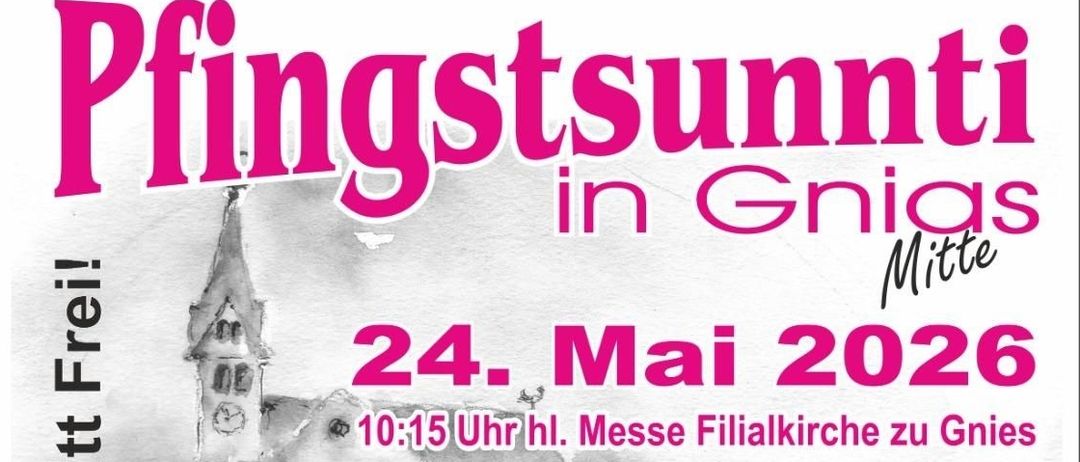 Plakat für ein Festival in Gnies, mit Turm, Hubschrauber und einem Mann. Veranstaltung am 24. Mai 2026. Aktivitäten umfassen Weinverkostung, Grillen und Musik von Dorfblech.