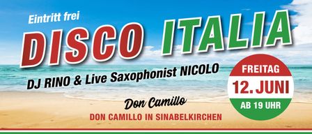 Poster for live saxophonist Nicolo at Don Camillo in Sinabelkirchen. The ocean and sky are visible in the background.