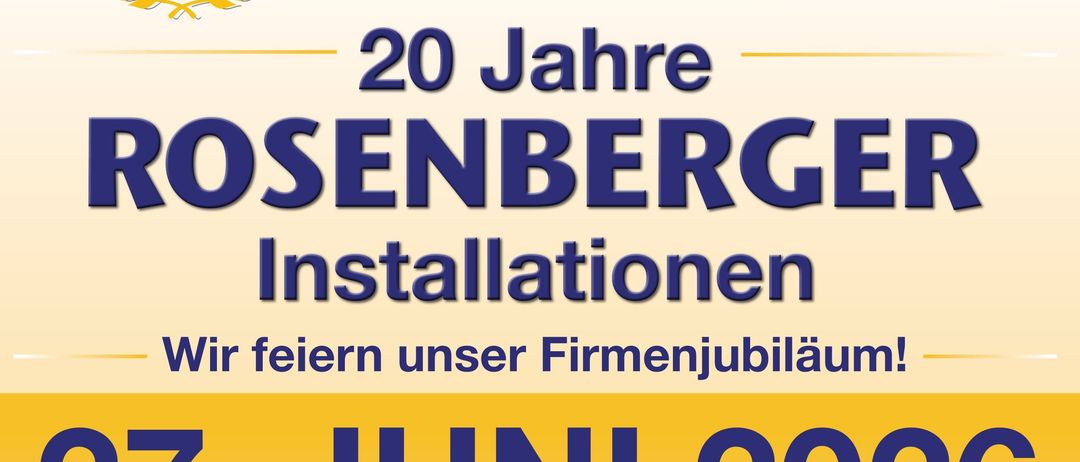 20 Jahre Rosenberger Installationen werden am 27. Juni 2026 in Unterrettenbach 115, 8261 Sinabelkirchen gefeiert. Beginn um 10 Uhr mit Peter Panhofer, gefolgt von Radio Steiermark Wurlitzer-Live. Herb Schnalzer moderiert und singt, mit einer Tombola mit Preisen bis zu €6000. Kulinarik von Zengere Patrick und großer Heuboden für Kinder.