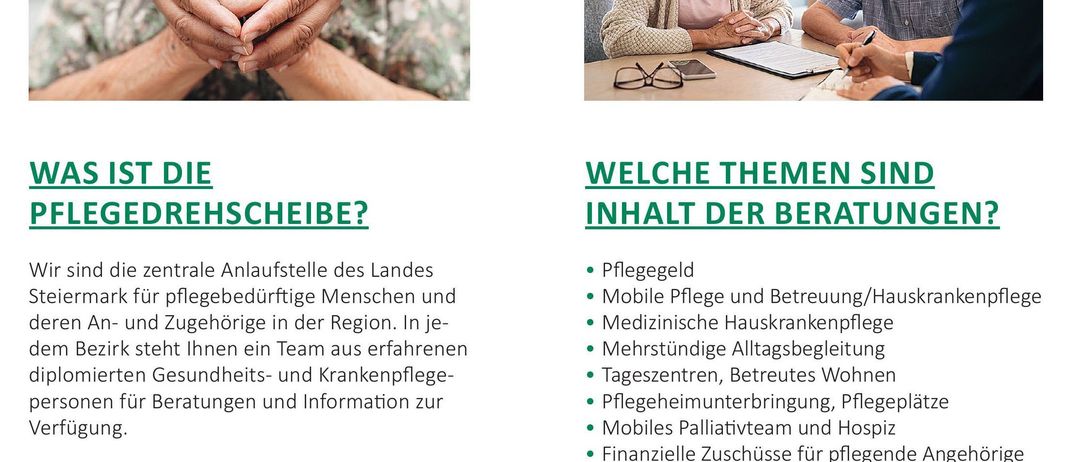 Eine ältere Frau und ein Mann diskutieren mit einer Frau, die einen Stift und Papier in der Hand hält. Dahinter ist ein verschwommenes Bild eines Hauses. Der Text auf dem Bild behandelt Pflegeoptionen und Unterstützungsdienste.