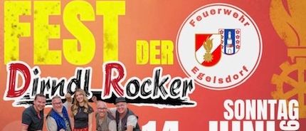 Plakat für ein Sommerfest mit der Band Dinddl Rocker am Sonntag, 14. Juni 2020. Es beinhaltet einen Wortgottesdienst um 10:00 Uhr und eine Disco von den Jungen Stietingtaler.