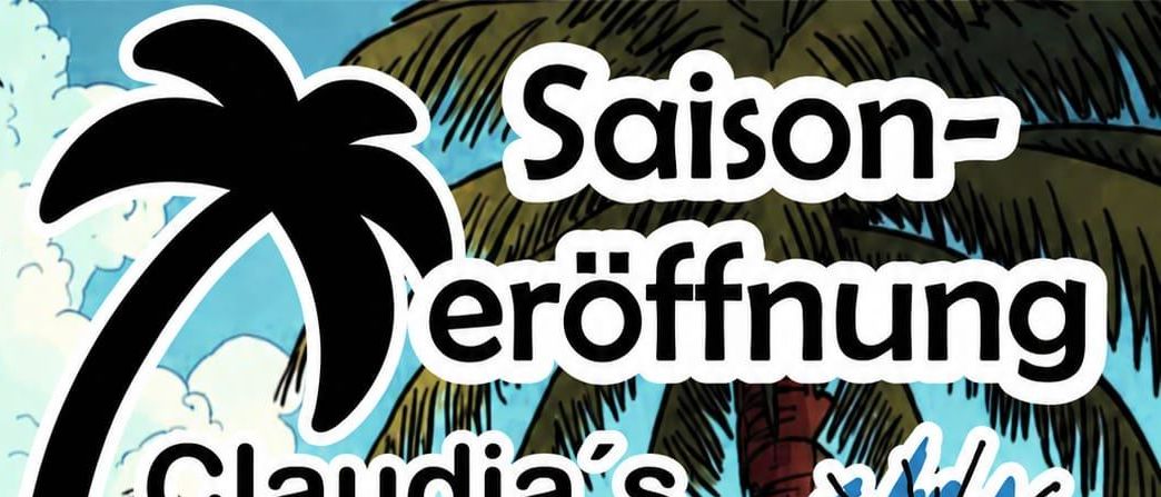 Ein Plakat für Claudias Strandbar im Freizeitpark Siniwelt. Ein Mann spielt Gitarre am Strand. Wegen schlechtem Wetter verschoben auf den 5.6.