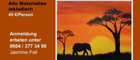 Poster für die Malparty. Freitag, 19. Juni 2026, 18 Uhr. Öffentliche Bücherei, Sinabelkirchen. Jeder kann malen. Für alle, die gerne malen oder es ausprobieren möchten. Schritt-für-Schritt-Anleitung, ca. 2 Stunden. Alle Materialien inklusive: 45€/Person. Anmeldung unter 0664/377 34 90, Jasmine Fall. Veranstalter: Öffentliche Bücherei!