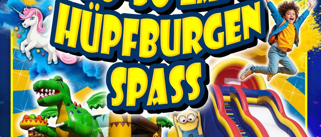 Ein farbenfrohes Bild mit 'Joo-Joo Land Hüpfburgen Spass' Text, mit verschiedenen Charakteren, spielenden Kindern und aufblasbaren Spielgeräten.