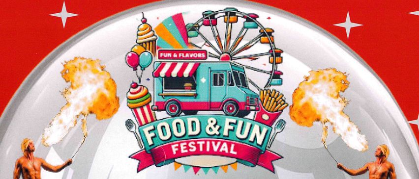Illustration eines Food-Trucks mit Luftballons und einem Riesenrad im Hintergrund, das ein Essen- und Spaßfestival bewirbt.