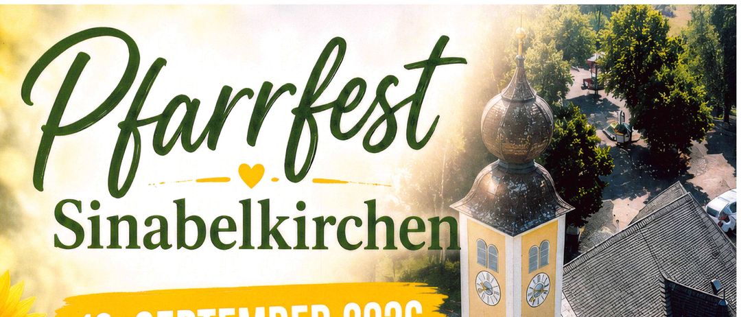 Plakat für die Sinabelkirchen-Veranstaltung am 13. September 2026 mit einer Kirche, Musik, Weinprobe, Kinderprogramm und Erfrischungen.