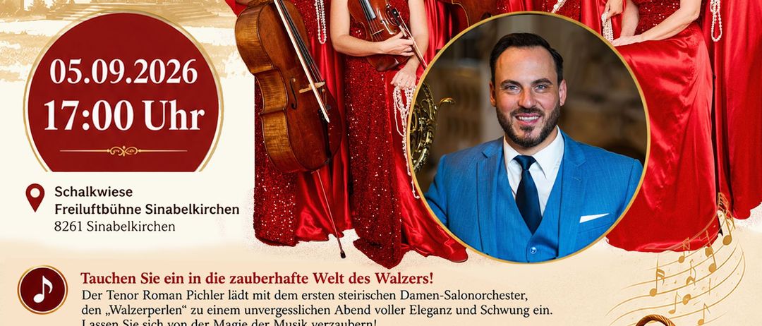Plakat für ein klassisches Musikevent mit einer Gruppe von Frauen in roten Kleidern, die verschiedene Instrumente spielen, mit einem Mann in einem blauen Anzug im Einleger. Das Event trägt den Titel 'Operettenpicknick' und präsentiert die 'Walzerperlen' mit Tenor Roman Pichler. Das Plakat enthält Details zum Datum, zur Zeit und zum Ort des Events.