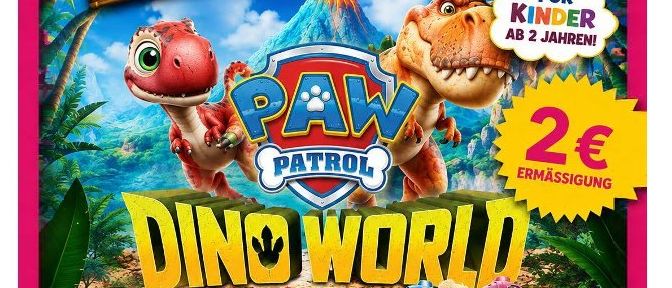 Plakat für ein Live-Puppenspiel mit Paw Patrol-Charakteren in einer dinosaurier-thematischen Welt, geeignet für Kinder ab 2 Jahren. Das Plakat zeigt einen Dinosaurier, einen Vulkan und das Paw Patrol-Team.