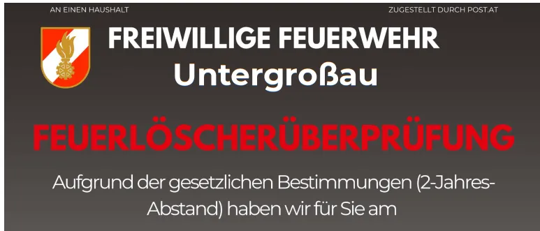 Plakat für eine Feuerlöscher-Überprüfungsveranstaltung am Samstag, 10. Oktober 2026, von 8:00 bis 12:00 Uhr im Feuerwehrhaus. Es ermutigt zur Teilnahme für die persönliche Sicherheit.
