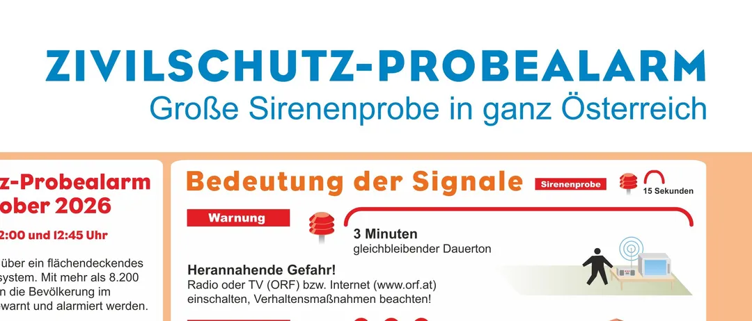 Plakat für einen Zivilschutzalarmtest in Österreich am 3. Oktober 2026 um 12:00 und 12:45 Uhr. Es erklärt die Bedeutung der Signale und die Wichtigkeit, informiert zu bleiben. Es bietet auch eine Telefonnummer für weitere Informationen.