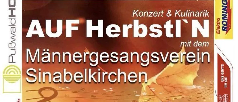 Ein Plakat für ein Konzert- und Kulinarik-Event in Sinabelkirchen, Österreich, am 17. Oktober 2026. Die Veranstaltung präsentiert einen Männerchor, Musik, Gesang und steirische Köstlichkeiten. Das Plakat zeigt ein goldenes Blattdesign, einen Musiknoten und verschiedene Logos von Sponsoren.
