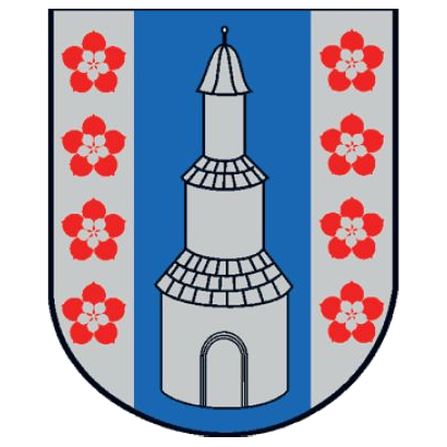 Ein Schild mit blauem und weißem Hintergrund zeigt einen zentralen weißen Turm mit einem spitzen Dach, umgeben von sechs roten Blumen, drei auf jeder Seite des Turms.